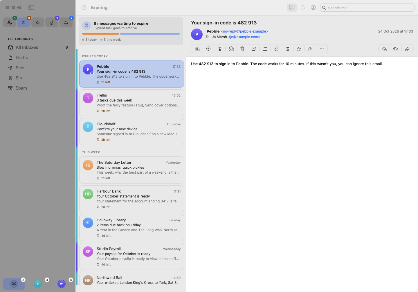 The Expiring view. A bar shows eight messages waiting to expire, three of them today, and each message carries a chip saying how long it has left.