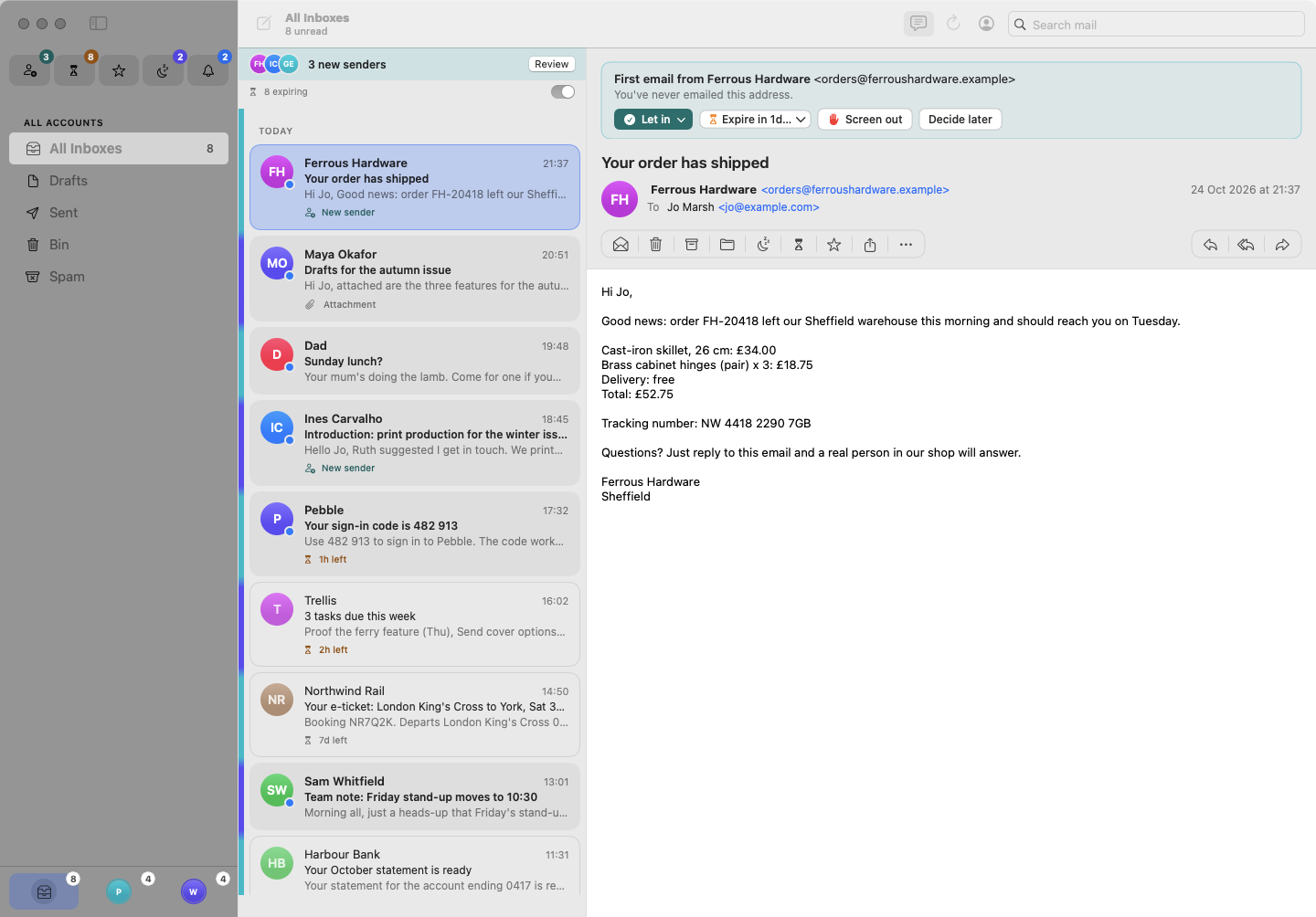 The Winfield window, sliding out of an envelope sealed with a plum wax seal. Mail from two accounts sits in rounded cards under a Today heading, and a first message from Ferrous Hardware is open with Let in, Expire and Screen out buttons above it.
