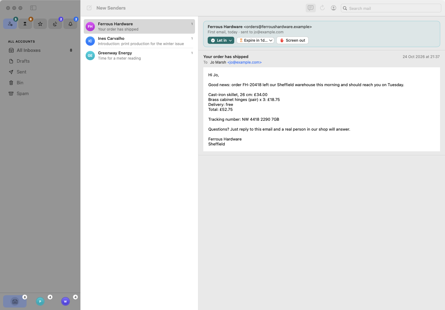 The New Senders view with three first-time senders. The first message is open under a bar with Let in, Expire and Screen out buttons.