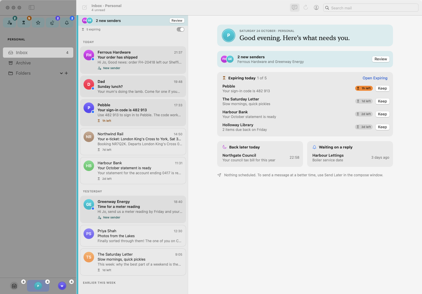 Winfield with no message open. The reading pane says Good evening, here's what needs you, and lists two new senders, mail expiring today with Keep buttons, a message back later today and a reply being waited on.